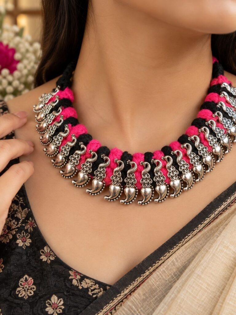 Adjustable Silver Peacock Thread Necklace – Elegant Traditional Jewelry Design