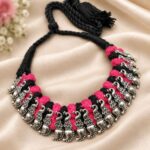 Adjustable Silver Peacock Thread Necklace – Elegant Traditional Jewelry Design - Black pink