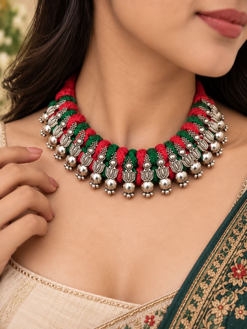 Silver Lotus Thread Necklace – Traditional Jewelry for Best Navratri Collection 1 Silver Lotus Thread Necklace elegant lotus design premium traditional jewelry