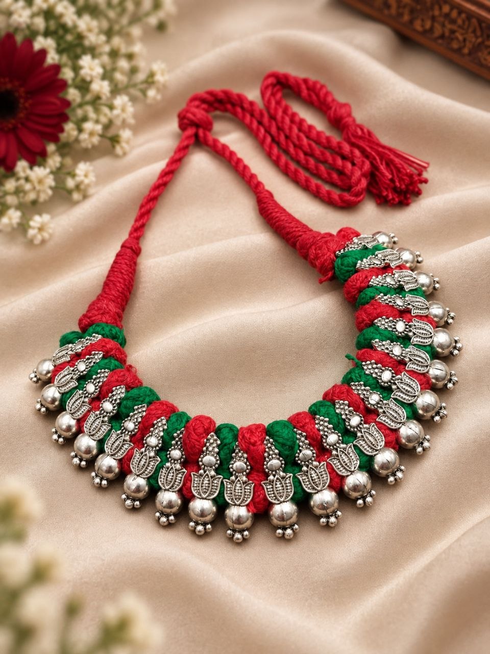 Silver Lotus Thread Necklace – Traditional Jewelry for Best Navratri Collection 3 Silver Lotus Thread Necklace elegant lotus design premium traditional jewelry