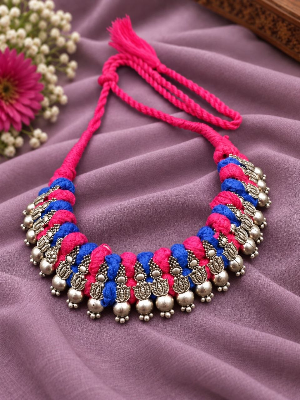 Silver Lotus Thread Necklace – Traditional Jewelry for Best Navratri Collection 4 Silver Lotus Thread Necklace elegant lotus design premium traditional jewelry