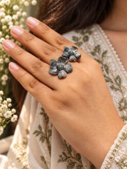 Adjustable Silver Flower Ring with elegant floral design