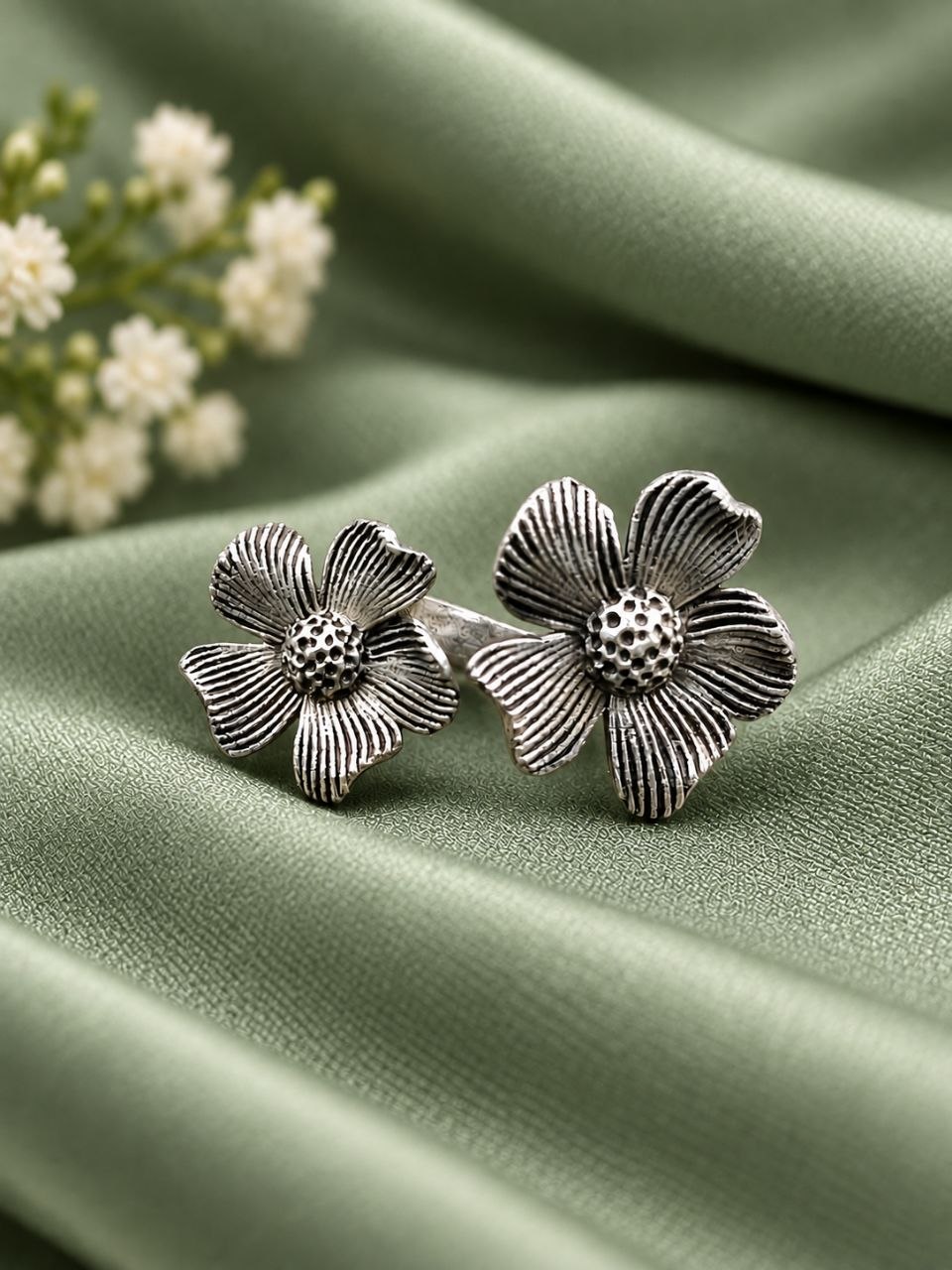 Adjustable Silver Flower Ring – Floral Design for Traditional Look 2 Adjustable Silver Flower Ring with elegant floral design