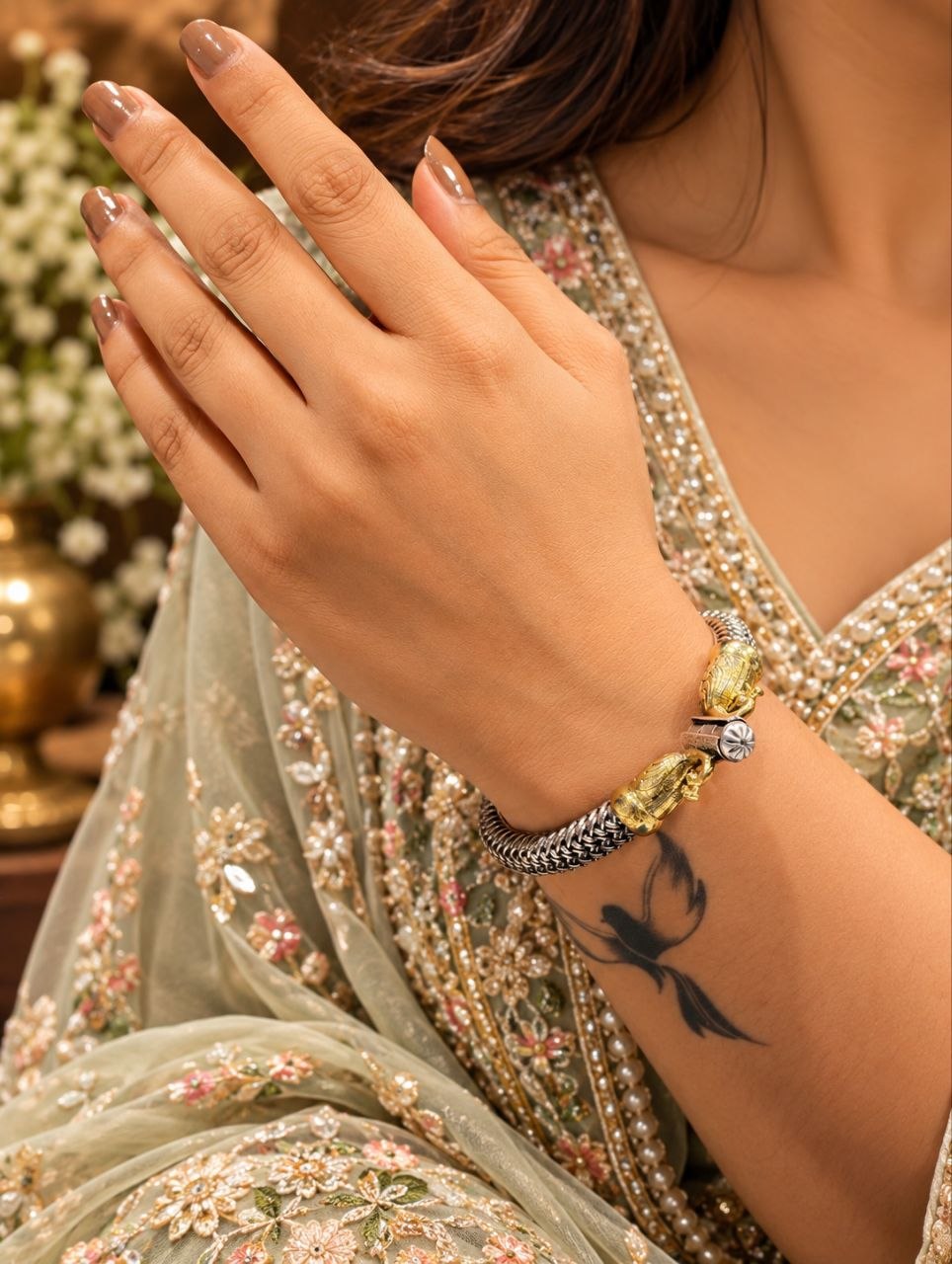 Two Tone Peacock Kada – Premium Designer Jewelry for Every Occasion 2 Two Tone Peacock Kada Elegant Designer Brass Jewelry