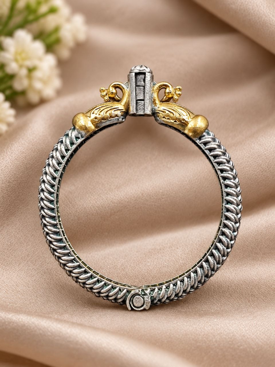 Two Tone Peacock Kada – Premium Designer Jewelry for Every Occasion 1 Two Tone Peacock Kada Elegant Designer Brass Jewelry