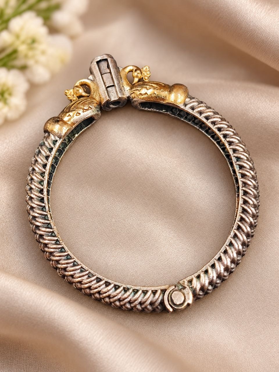 Two Tone Peacock Kada – Premium Designer Jewelry for Every Occasion 3 Two Tone Peacock Kada Elegant Designer Brass Jewelry