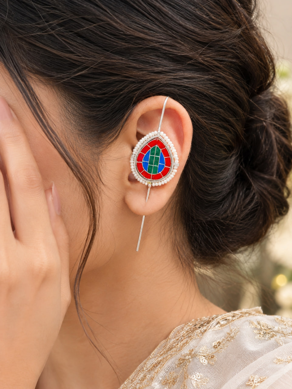 Silver Meenakari Drop Earcuff – Elegant Designer Jewelry for Traditional Wear 1 Silver Meenakari Drop Earcuff Elegant Designer Jewelry