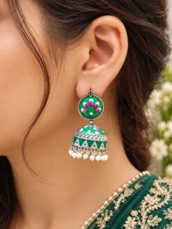 Silver Meenakari Jhumka Traditional Brass Earrings with Elegant Meenakari Detailing
