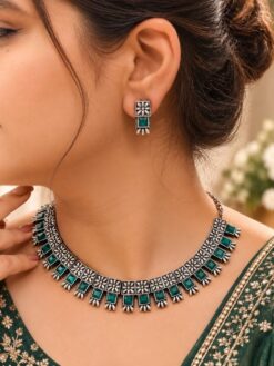 Oxidized Square Choker Necklace Set with brass design, traditional detailing and premium antique-inspired finish