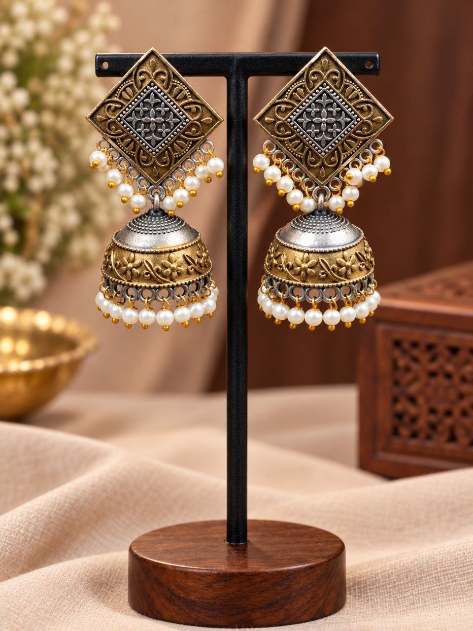 Floral Two Tone Jhumka – Traditional Earrings for Elegant Occasions 2 Floral Two Tone Jhumka elegant floral design traditional brass earrings