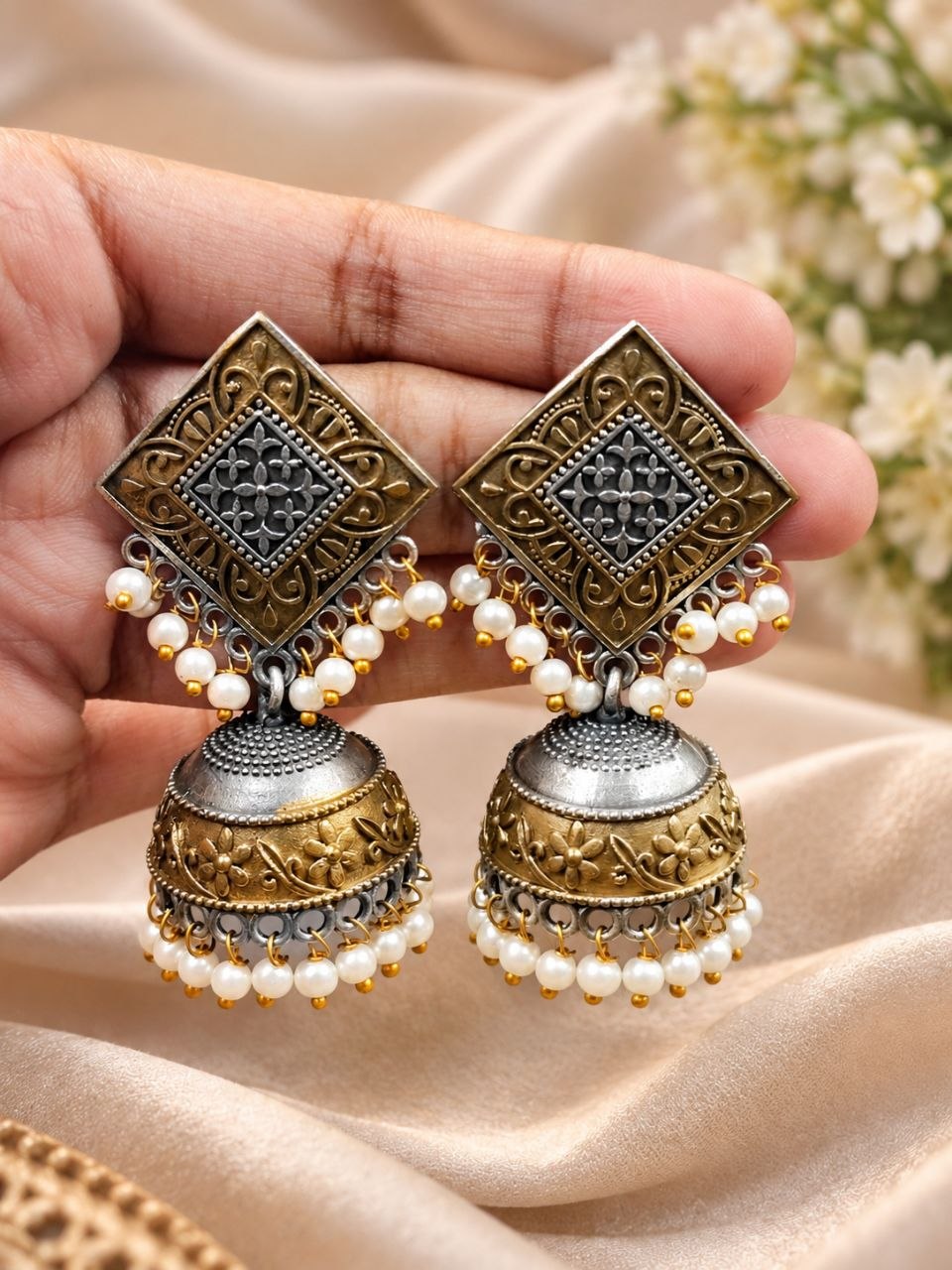 Floral Two Tone Jhumka – Traditional Earrings for Elegant Occasions 3 Floral Two Tone Jhumka elegant floral design traditional brass earrings