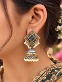 Floral Two Tone Jhumka elegant floral design traditional brass earrings
